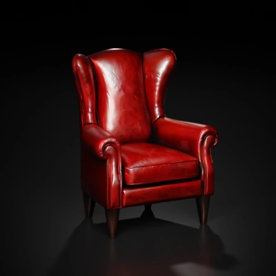 Red leather wingback armchair.