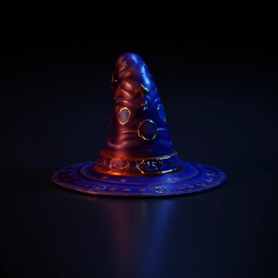 Magical wizard hat, ornate with celestial symbols. Purple color with yellow stars