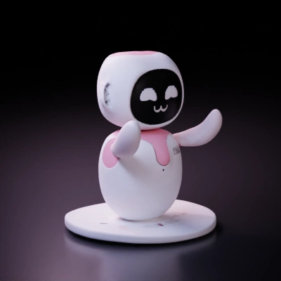 Small robot with a cute face and waving arms.