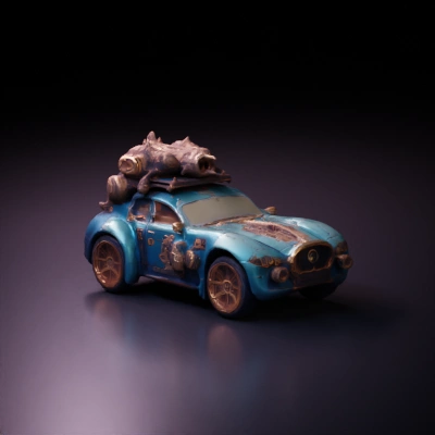 Steampunk-style car with mechanical embellishments.