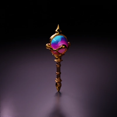 Ornate magical staff with swirling accents and gemstone orb.