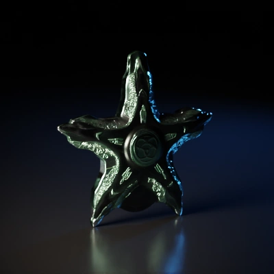 Star-shaped futuristic artifact, glowing lines, mystical inscriptions.