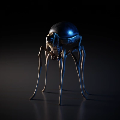 biomorph spider with spherical body, six legs and green iris in eye.