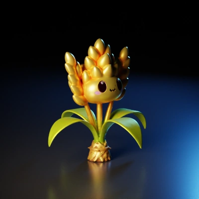 Smiling plant creature with wheat-like features.
