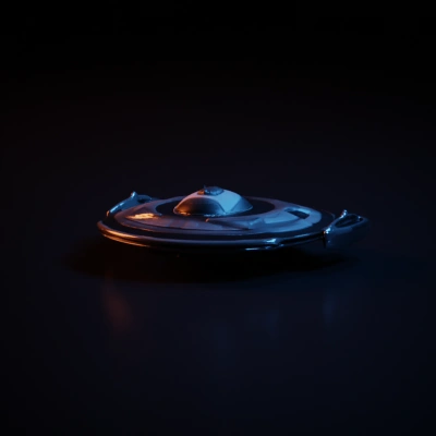 oval-shaped spaceship with sleek design, futuristic aesthetics.