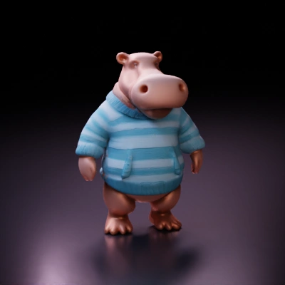 Hippo character wearing striped sweater, anthropomorphic form.