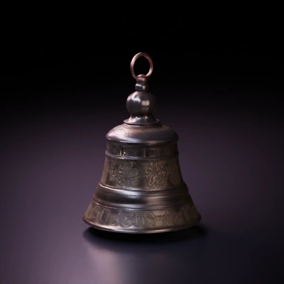 Ornate hanging bell, intricate patterns, antique style.