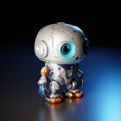 Chibi-style robot with digital display face.
