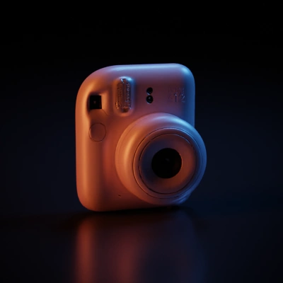 Vintage-style instant camera with lens and flash.