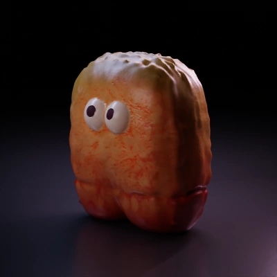 Fluffy creature with large eyes, cartoon-like appearance.