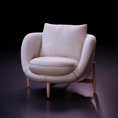 Modern curved armchair with cushioned seat.
