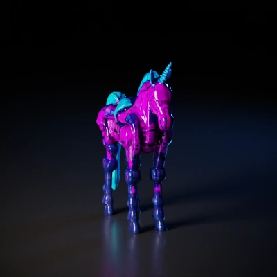 Mechanical unicorn with intricate details.
