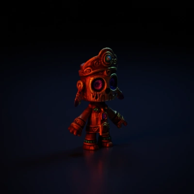Wooden tribal doll character with ornate decorations, glowing eyes.