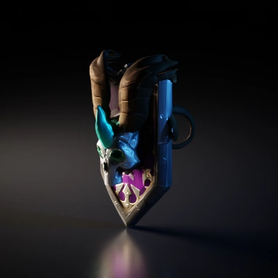 Plated shield with skull, gemstone, ornate design with horns.