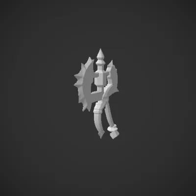 Fantasy axe with ornate design, gemstone centerpiece. symmetric geometry, sharp edges