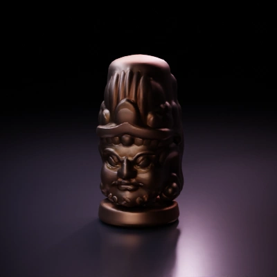 Aztec-inspired stone statue with intricate carvings.