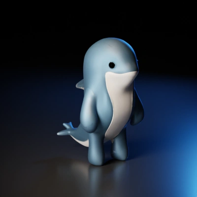 An anthropomorphic dolphin doll with a dorsal fin and a tail and a calm expression.
