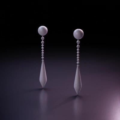 Elegant long drop earrings with spherical and conical elements.