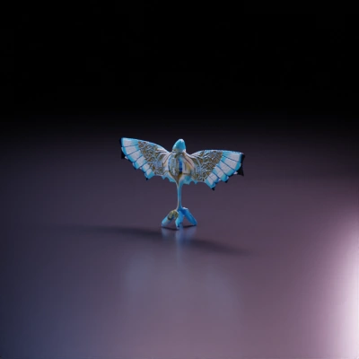 Wide winged creature, not fat body, up view, symmetry, colorful skin patterns.