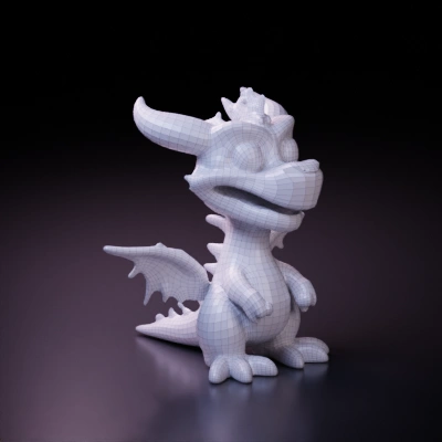 Friendly cartoon dragon, standing, smiling. symmetric geometry, smooth edges, character