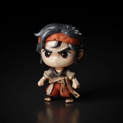 Chibi-style warrior character with fierce expression.