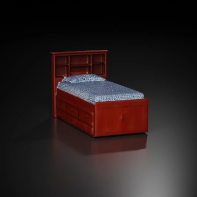 Wooden storage bed with drawers and bookshelf.