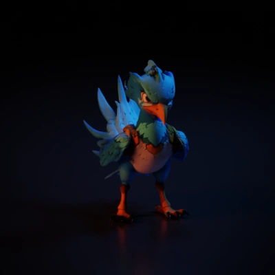 Cute anthropomorphic bird with armor, cartoon style.