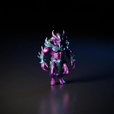 Muscular demon with horns and detailed armor plates.