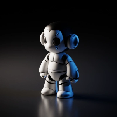 Robot action figure, child-like proportions, vinil material, articulated limbs, black and white, realistic, 8k.