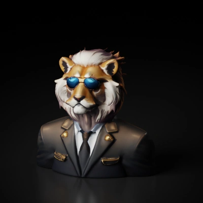 Stylish lion wearing a suit and sunglasses.