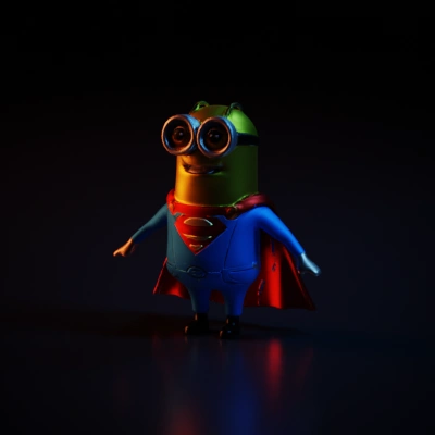 Minion dressed as superhero with cape, playful expression.