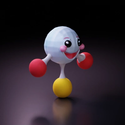 Smiling cartoon molecule with three arms and pink cheeks. shinny, glossy