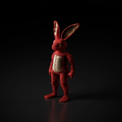 Anthropomorphic toy rabbit with long ears, humanoid body.