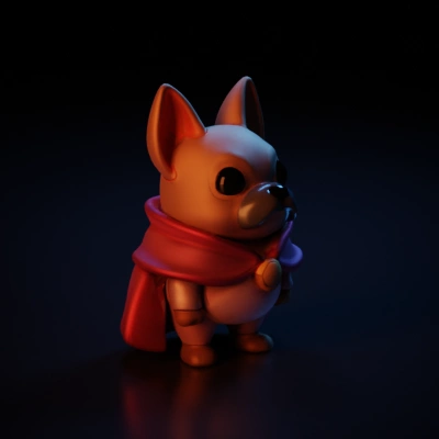 Cartoon dog in superhero outfit, large eyes.