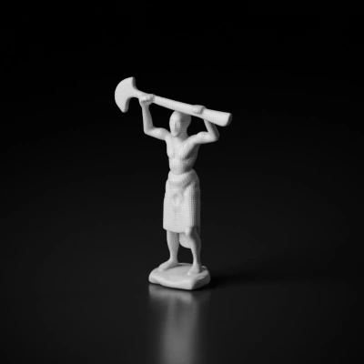 Male warrior statue holding an axe, powerful pose. symmetric geometry. character. smooth edges. simple geometry. game-ready.