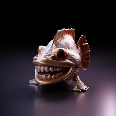 Humanoid-fish hybrid with exaggerated mouth and teeth.