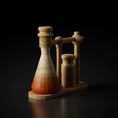 Wooden laboratory apparatus with flask and bottle.