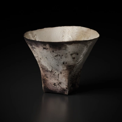 Rustic clay bowl, conical shape, ancient design.