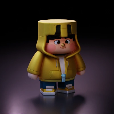 Cartoon character in hoodie and sneakers.