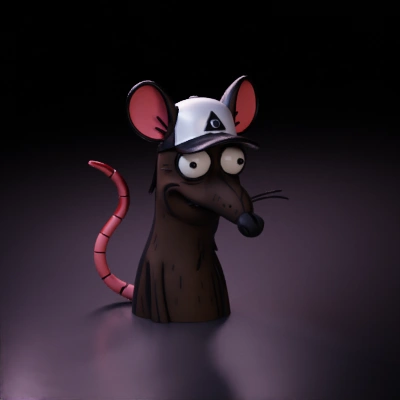 Cartoon rat wearing a baseball cap.