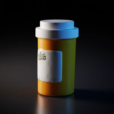 Prescription medicine bottle, cylindrical with a cap.