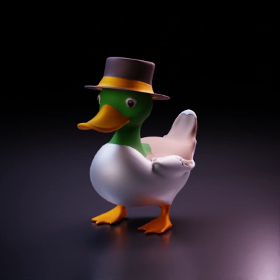Duck in top hat, cartoonish, 3D model.