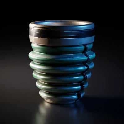 Futuristic thermos mug, accordion middle, stackable lid.