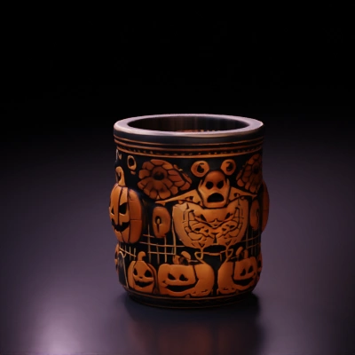 Halloween-themed mug with carved patterns.