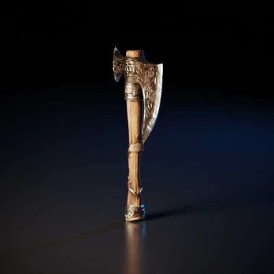 Intricately designed medieval battle axe, engraved patterns.