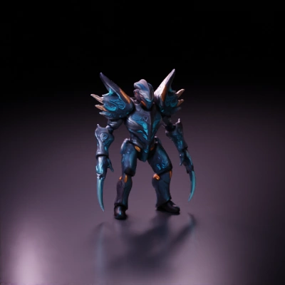 Cybernetic warrior, armored suit with blade-like weapons.