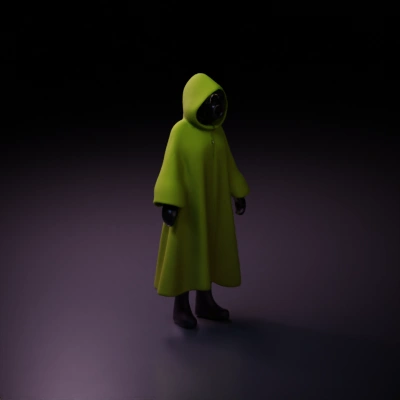 Mysterious hooded figure with gas mask, dark and eerie style.