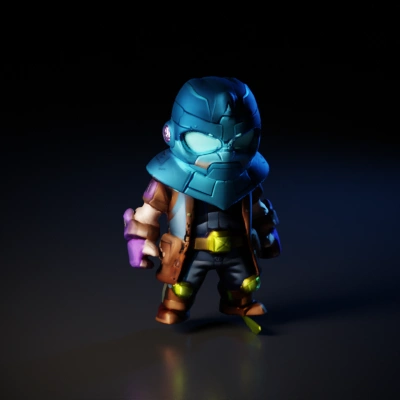 Superhero character with armor, cartoonish style.