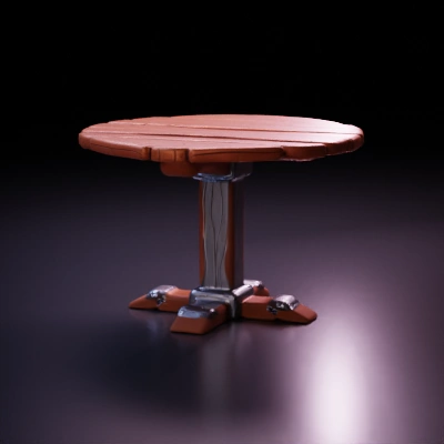 Wooden round table, rustic design, four legs.