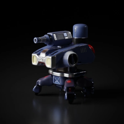Battle robot turret, triple barrel, four mechanical legs.